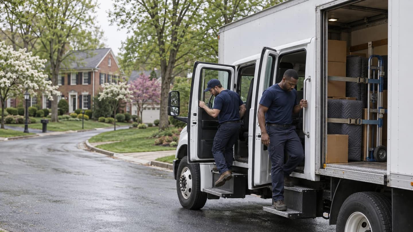 Maryland to Virginia move: a plain white moving truck has just parked, shown obliquely from its passenger side, never head-on.