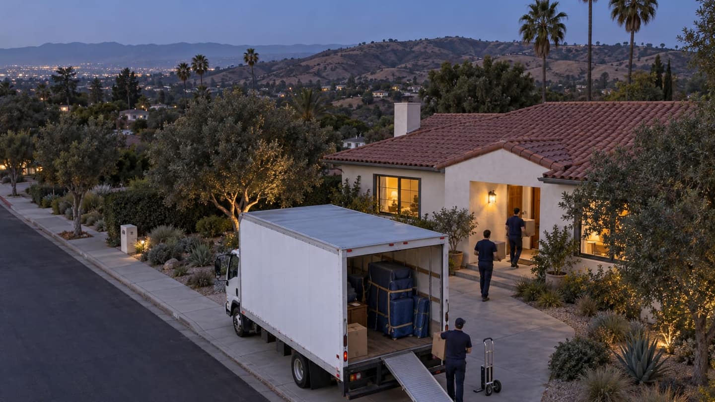 Massachusetts to California move: two movers in plain navy shirts carry small unmarked cardboard boxes toward the doorway.