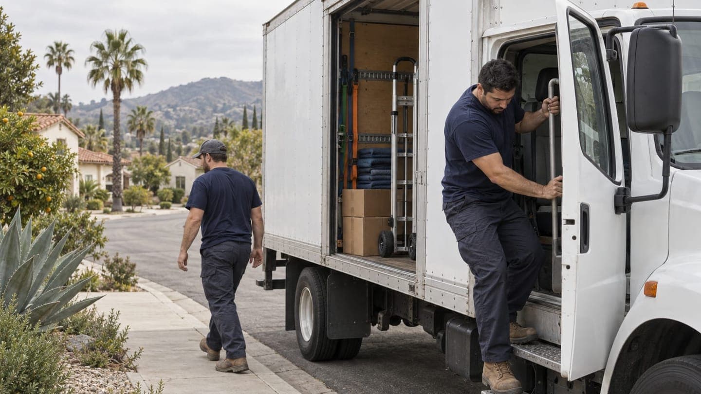 Movers climb out of a parked truck on a Southern California street lined with palms.