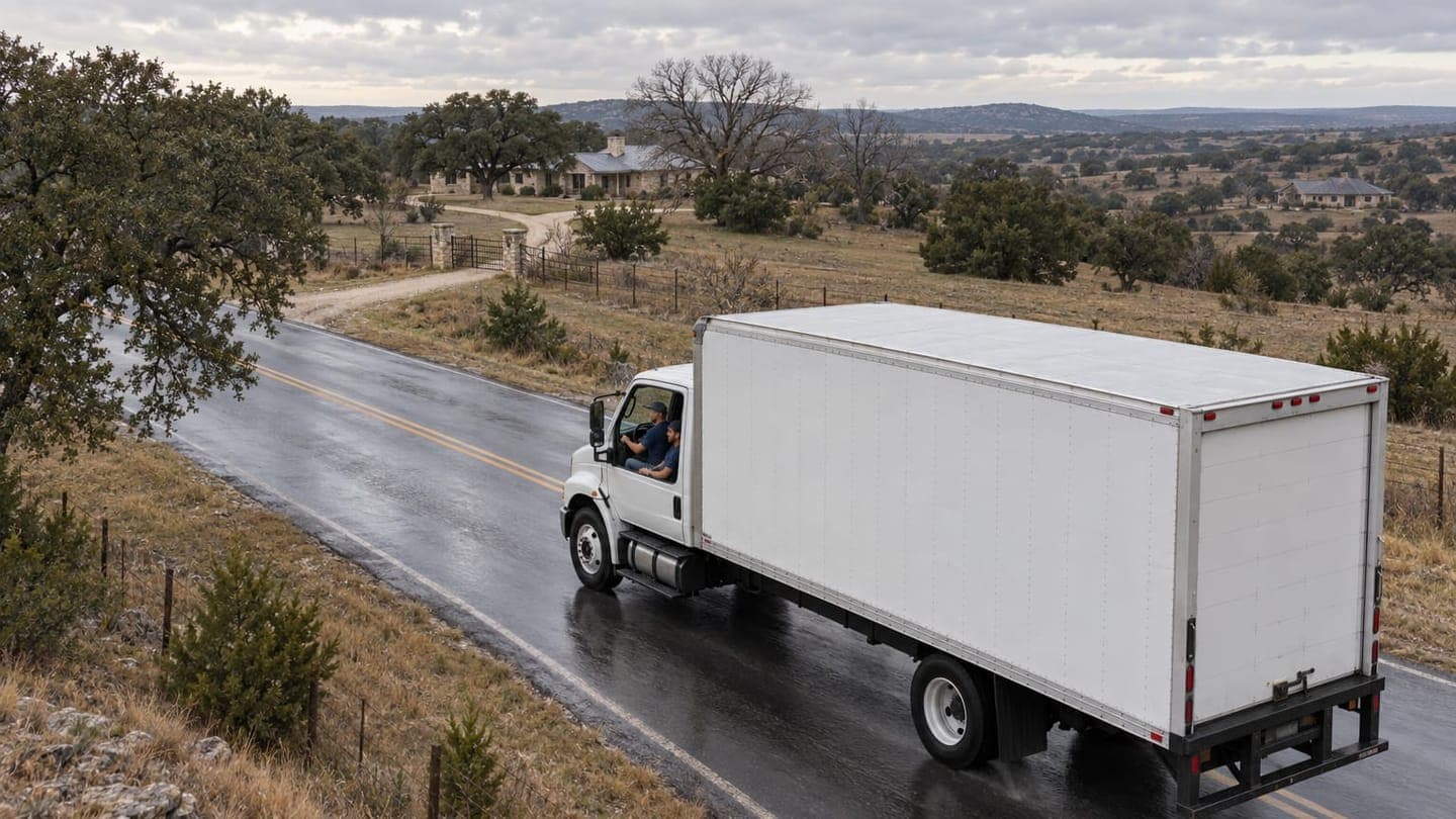 A white moving truck rounds a wet bend through Texas scrub and oak country.