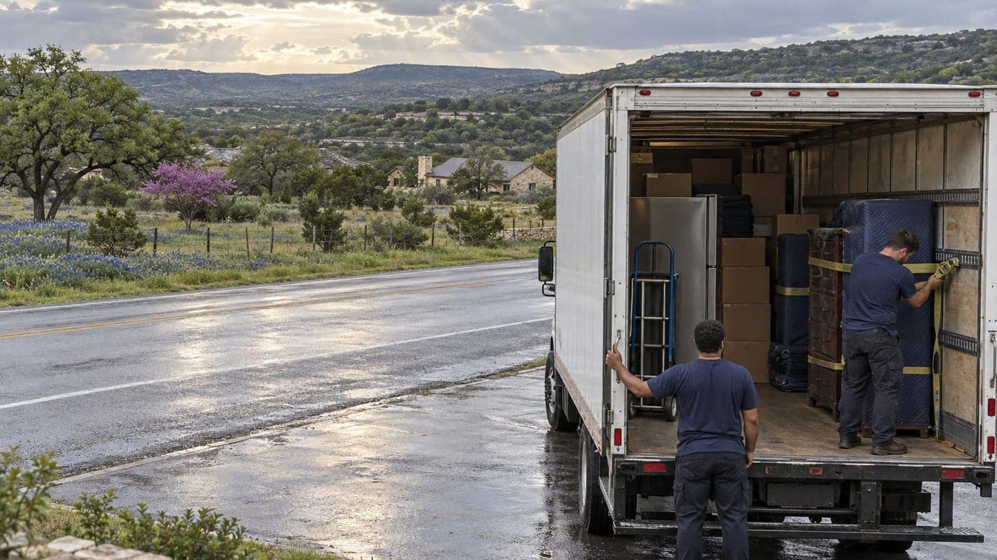 Two movers secure boxes and padded furniture inside a truck beside a wet Hill Country road.