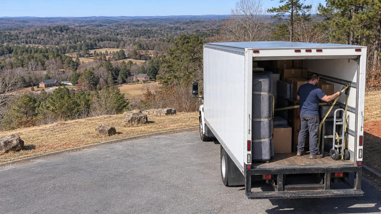 New Jersey to Georgia move: view the rear and side of a plain white moving box truck parked on level asphalt, rear roller door fully raised.