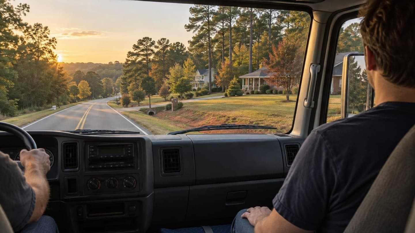 Two movers in the cab drive a pine-lined road at golden hour.