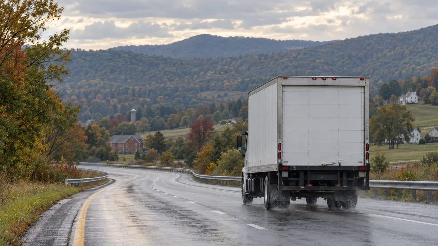 A white moving truck heads away on a wet highway toward wooded Pennsylvania hills.
