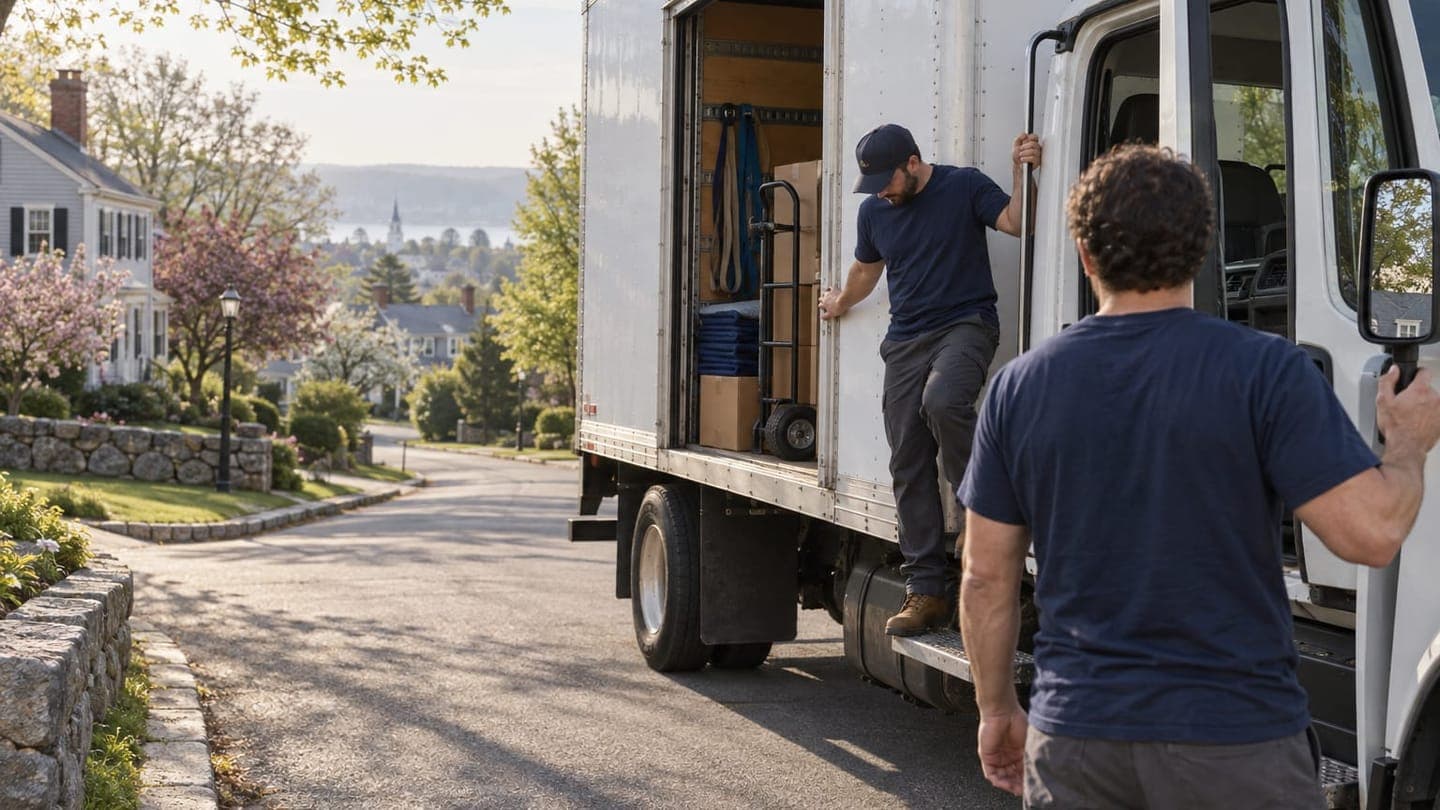 Movers climb out of a truck on a coastal New England street in spring.