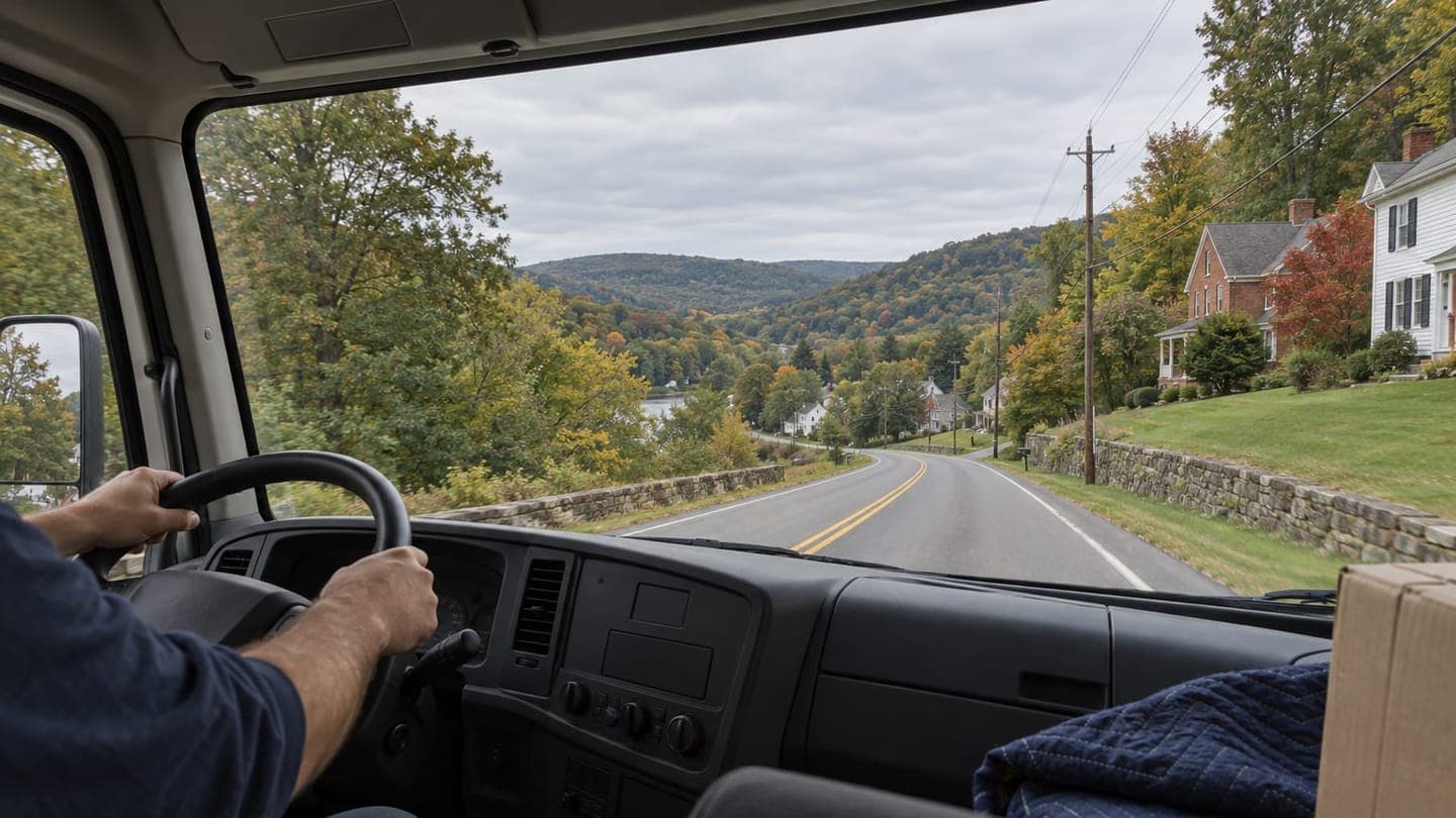 A mover's view from a truck cab down a tree-lined road through small-town hills.