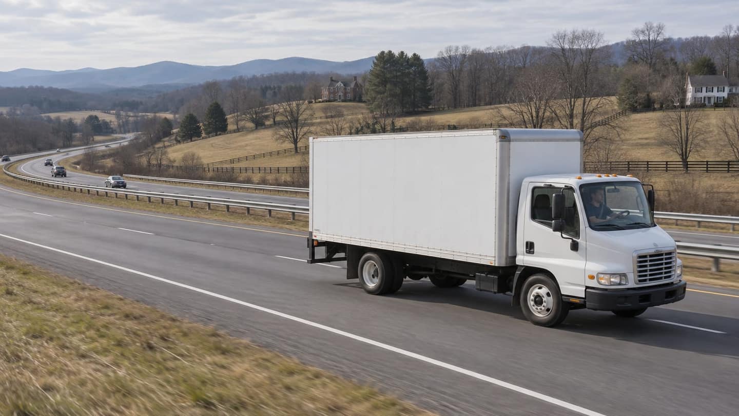 New York to Virginia move: closed cargo compartment contains cardboard boxes, quilted moving blankets, strapped furniture and a secured appliance dolly.