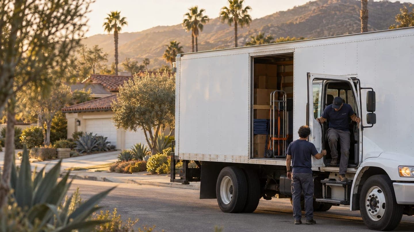 Movers step out of a parked truck on a California hillside street with palms.