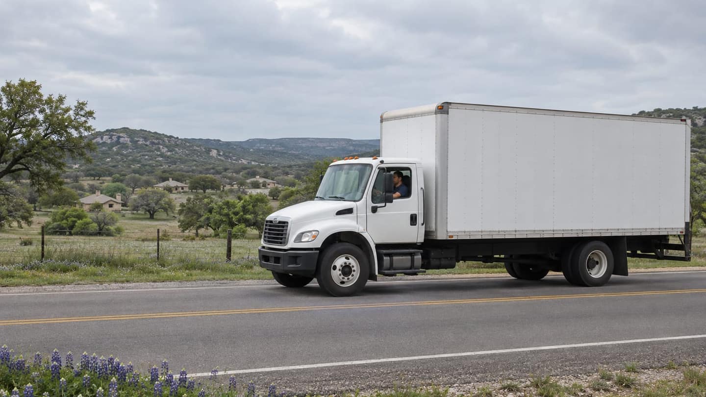 North Carolina to Texas move: the closed cargo compartment contains unmarked cardboard boxes, quilted moving blankets, furniture secured with ratchet straps.