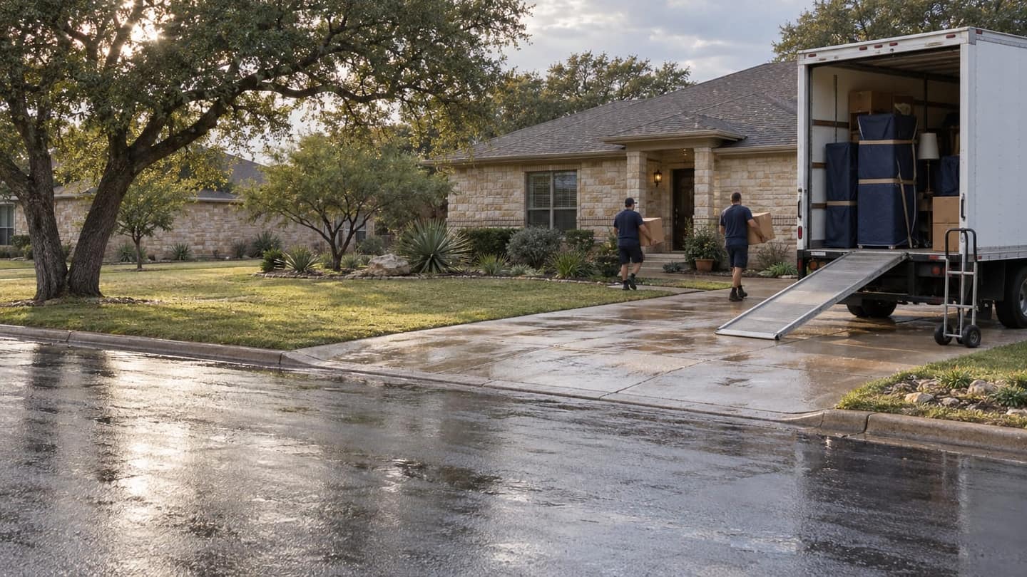 Ohio to Texas move: a plain white moving truck appears side-on, rear cargo door open and metal ramp lowered securely onto the driveway.