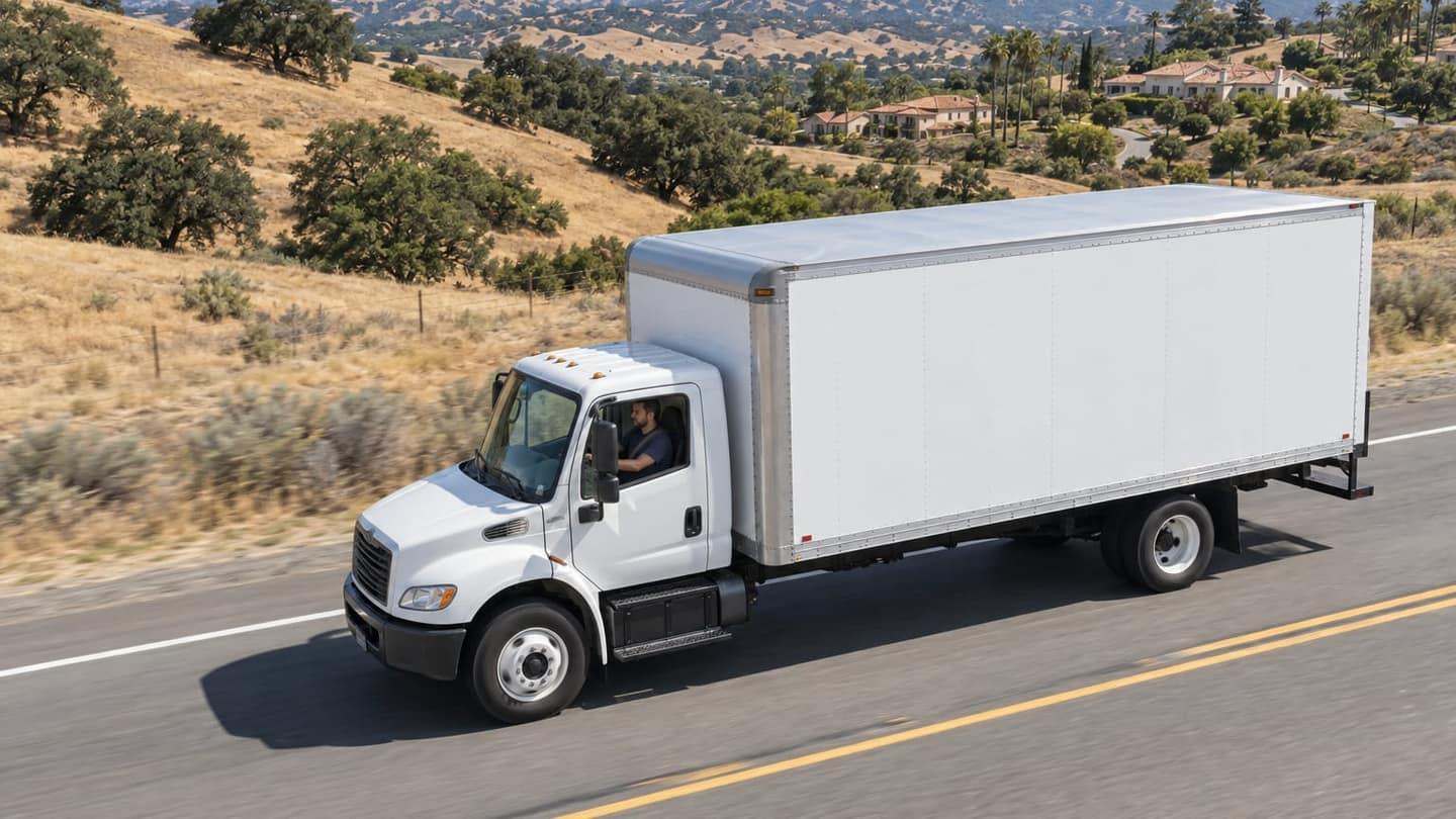 Pennsylvania to California move: a plain white moving box truck travels along a paved California highway through rolling golden grass hills.