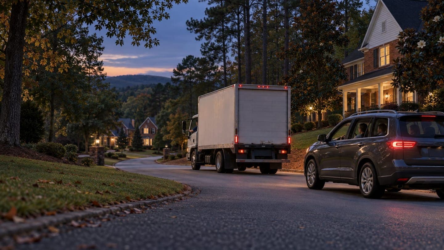 At dusk, a moving truck and a family SUV drive through a leafy Georgia neighborhood.
