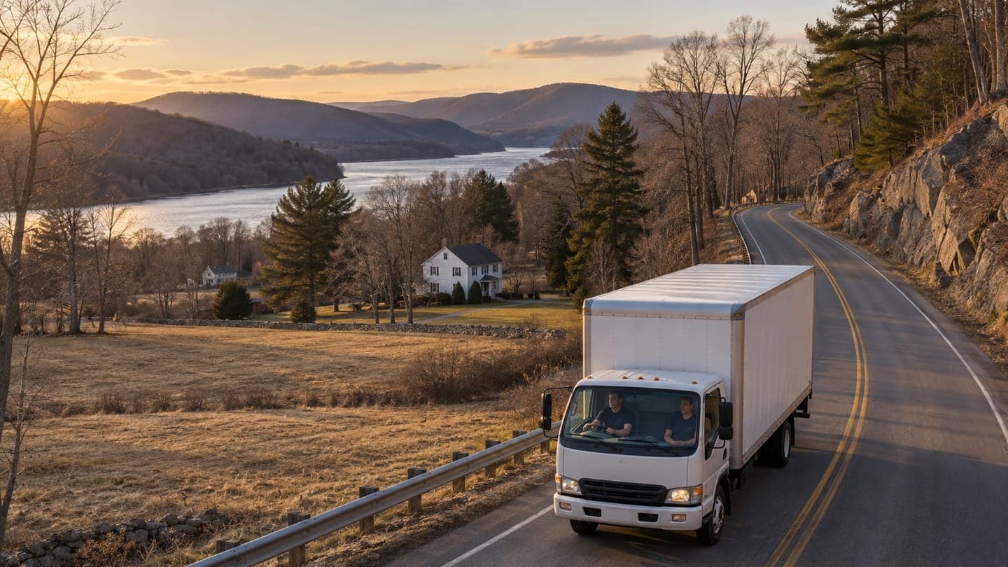 A white moving truck climbs a winding road above a river valley at autumn sunset.