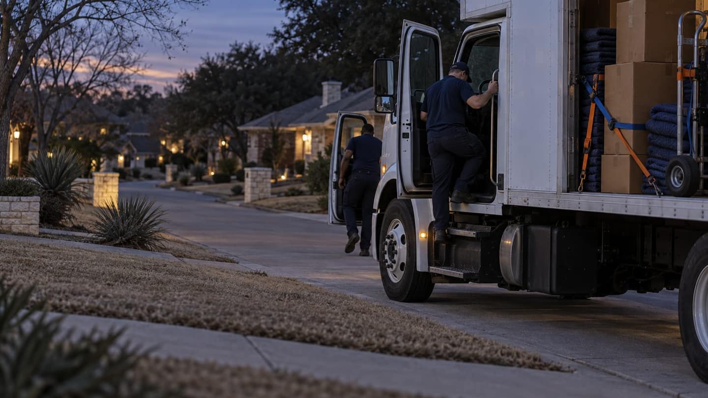 Pennsylvania to Texas move: a plain white moving truck has just parked on a North Texas residential street at blue hour immediately after sunset.