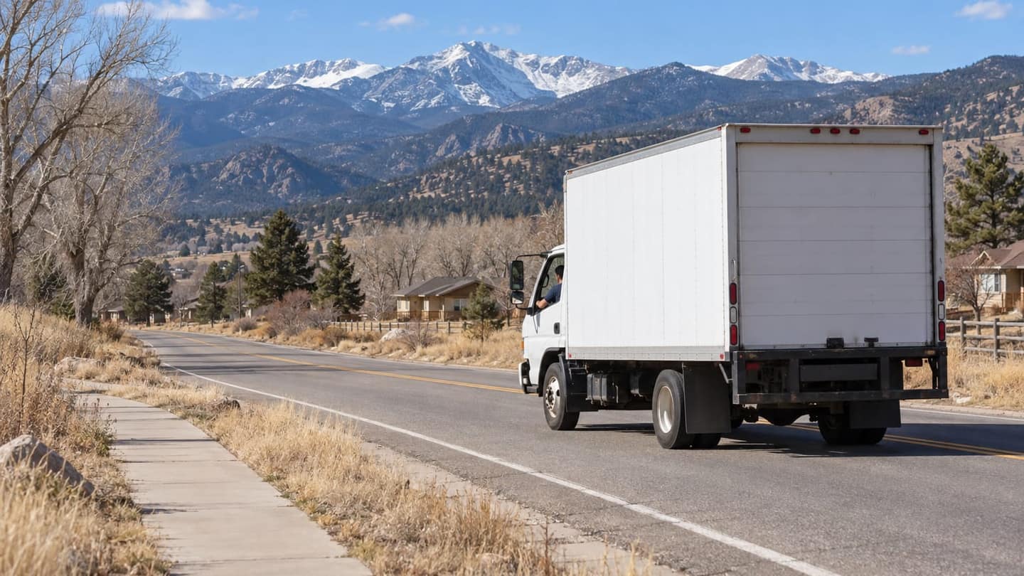 Texas to Colorado move: a plain white box truck travels away in rear three-quarter view, medium distance, occupying the right two thirds.