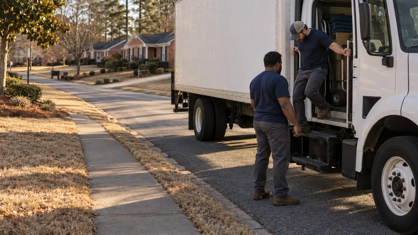 Texas to Georgia move: a plain white moving truck has just parked on a gently rolling residential street in Georgia’s Piedmont.