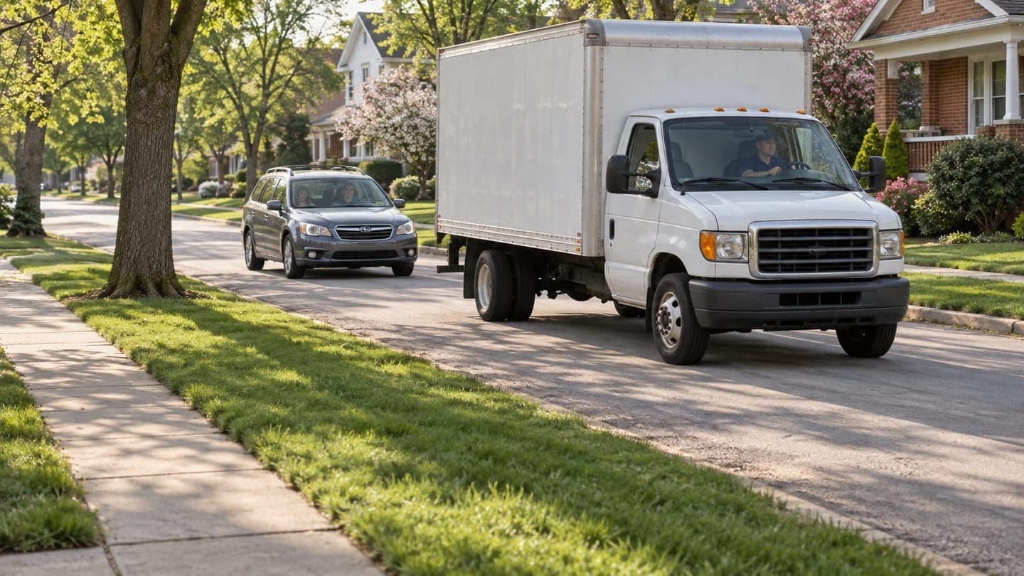 A white moving truck and a family car arrive on a quiet street of brick homes in spring.