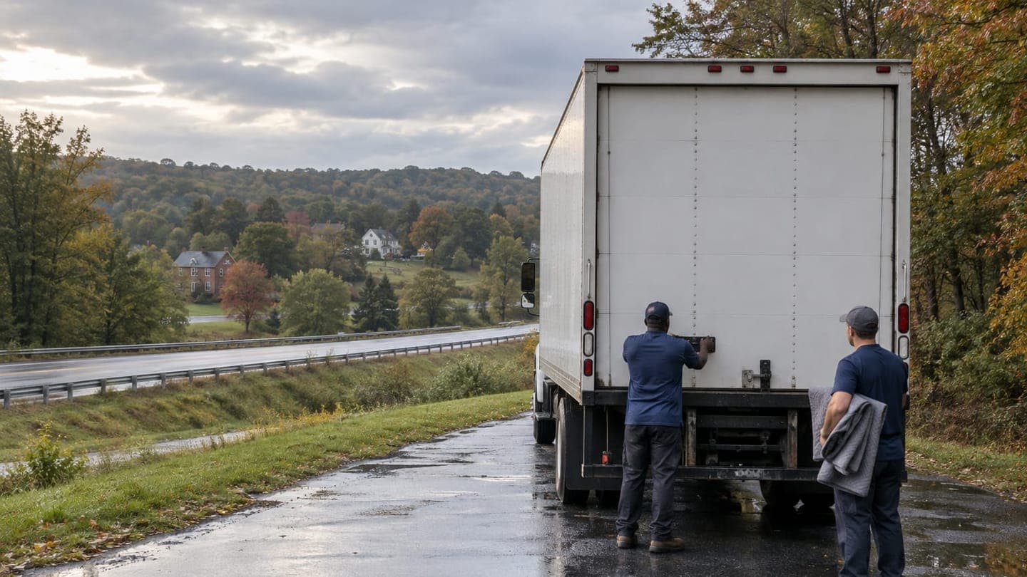 Two movers open a truck's rear door at a wet roadside pull-off beside autumn woods.