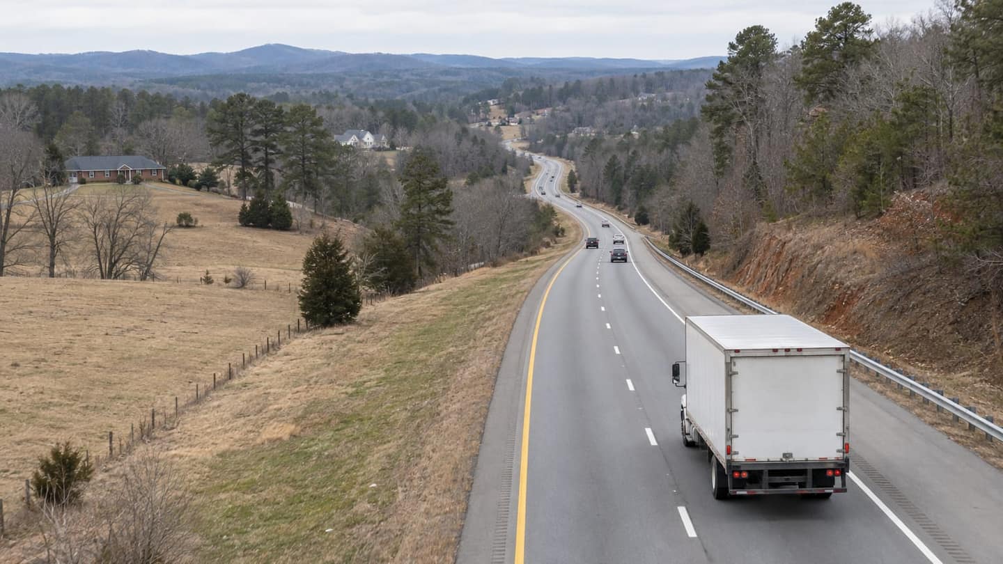 Texas to North Carolina move: a drone about 30 metres above the highway looks diagonally down through a 35mm lens.