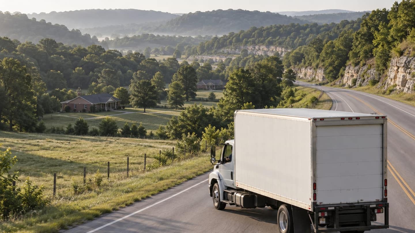 Texas to Tennessee move: an elevated oblique drone view follows a plain white household moving truck from its rear-side quarter.