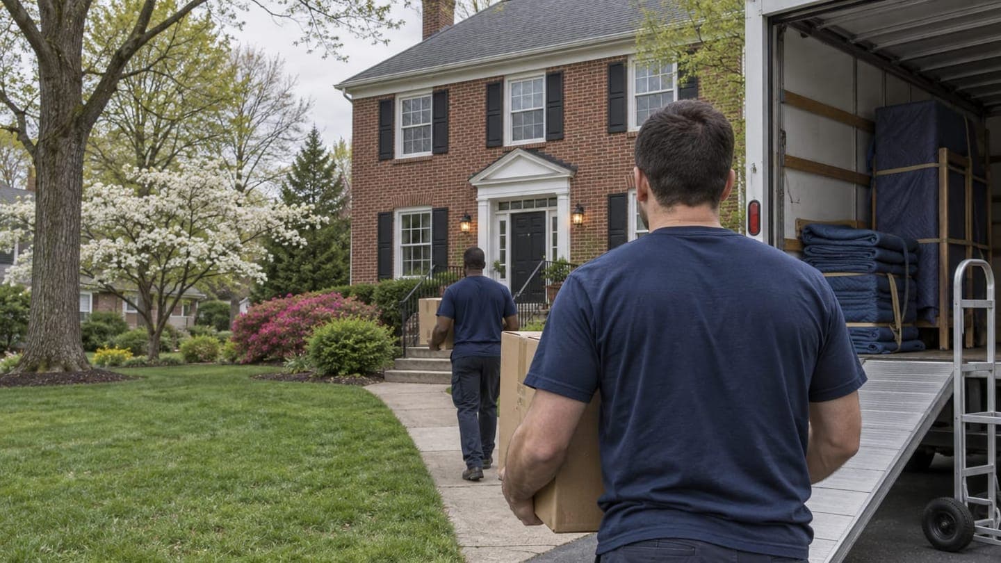 Movers carry the first boxes up the walk to a brick colonial house in spring.