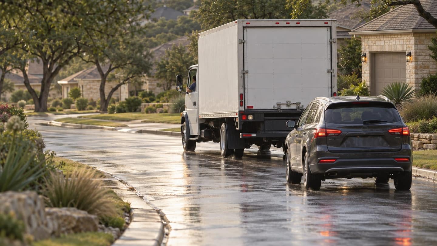 Virginia to Texas move: rear three-quarter view: a plain white moving box truck drives slowly away around a bend.