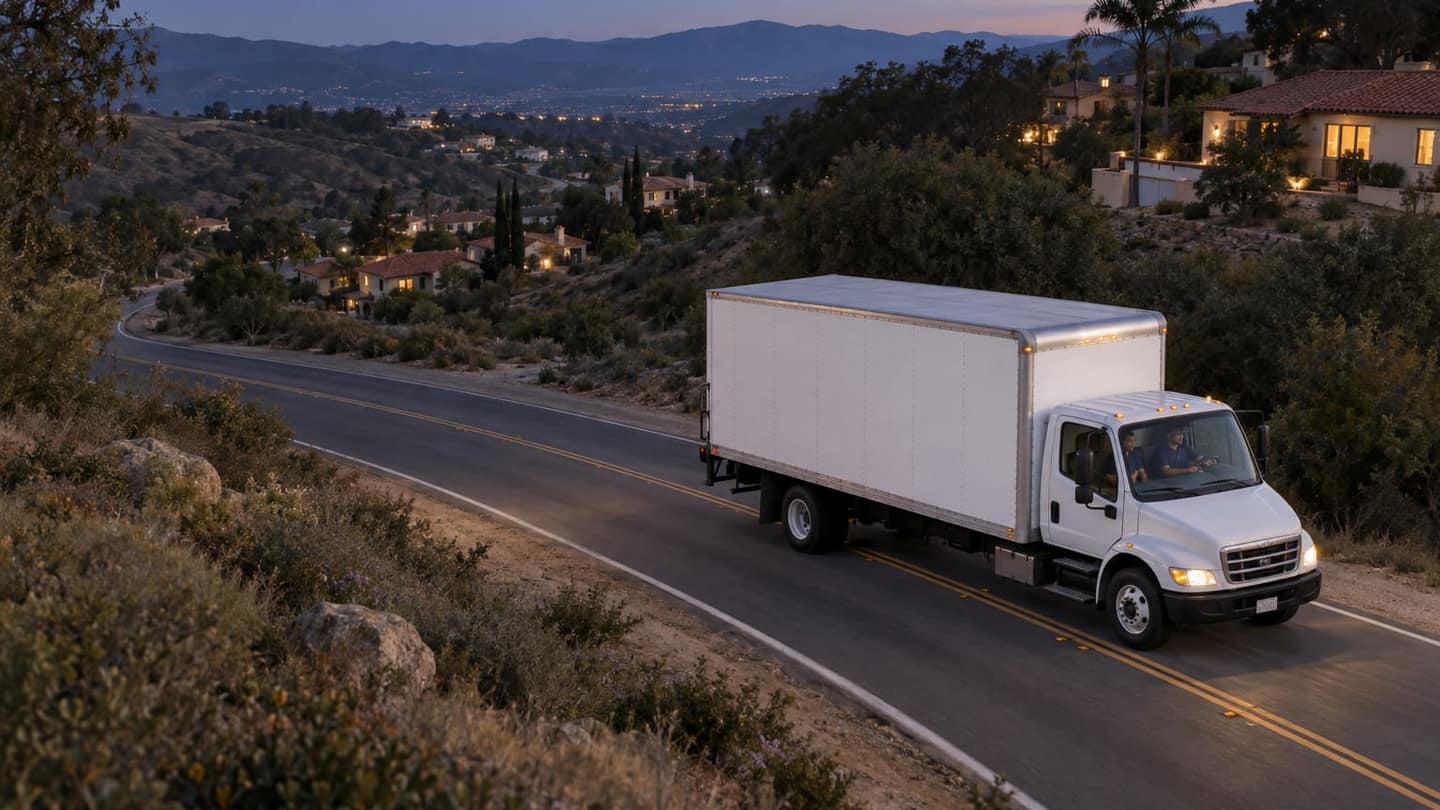 Washington to California move: behind the closed cargo door are cardboard boxes, quilted moving blankets.