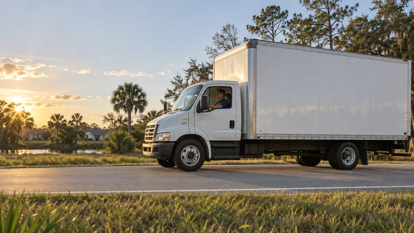 A white moving truck on a road lined with palms and pines at sunrise.