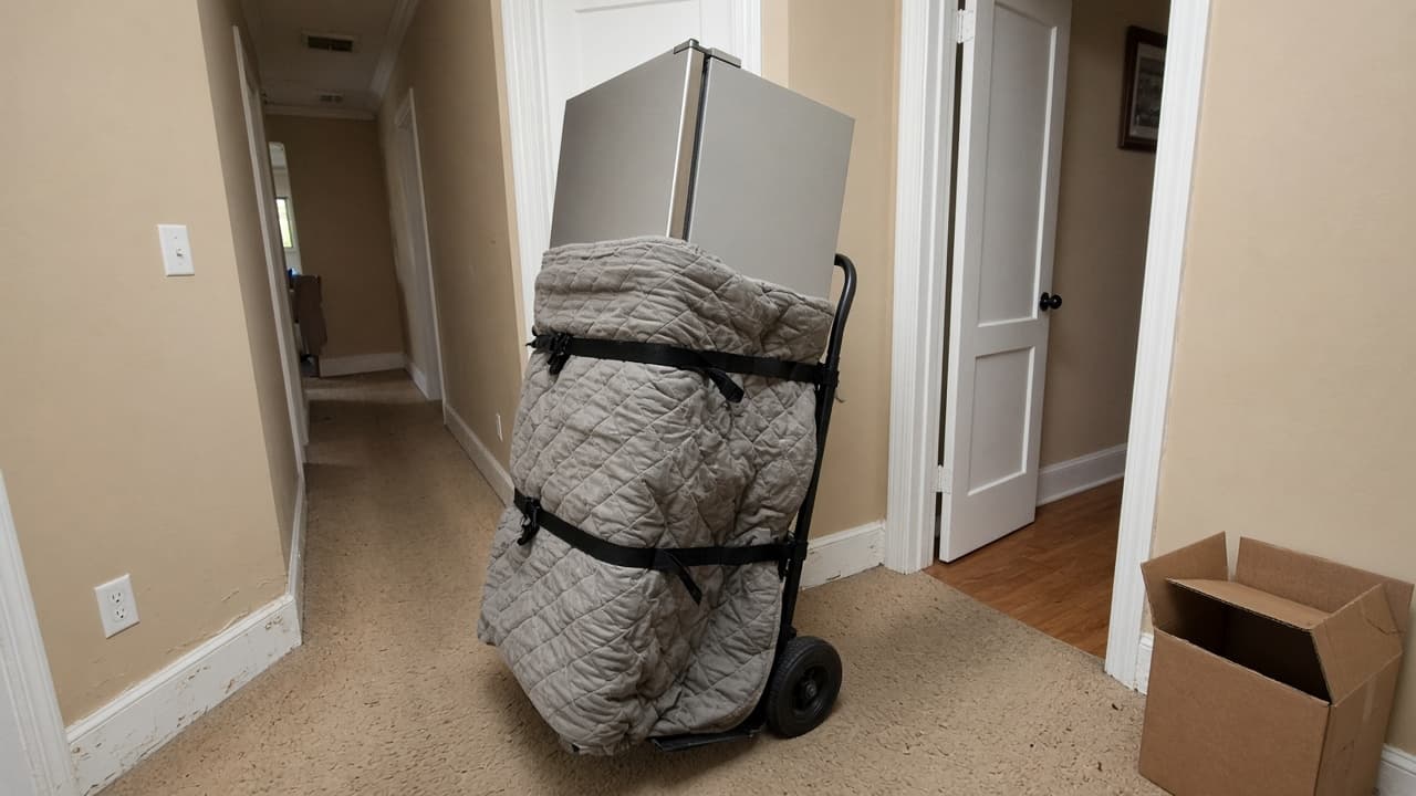 Refrigerator strapped to a dolly with moving pads in a US hallway