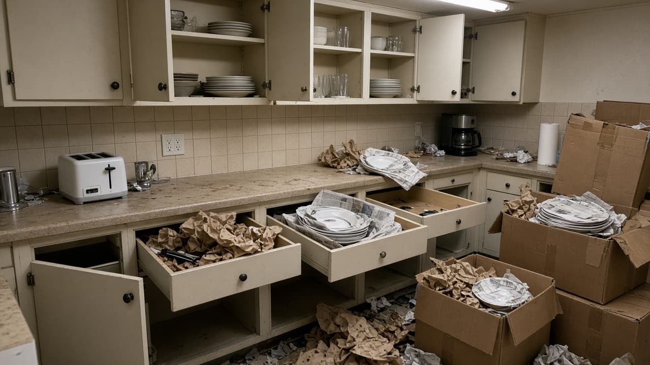 US kitchen mid-pack with open drawers, newspaper wrap, and dish boxes