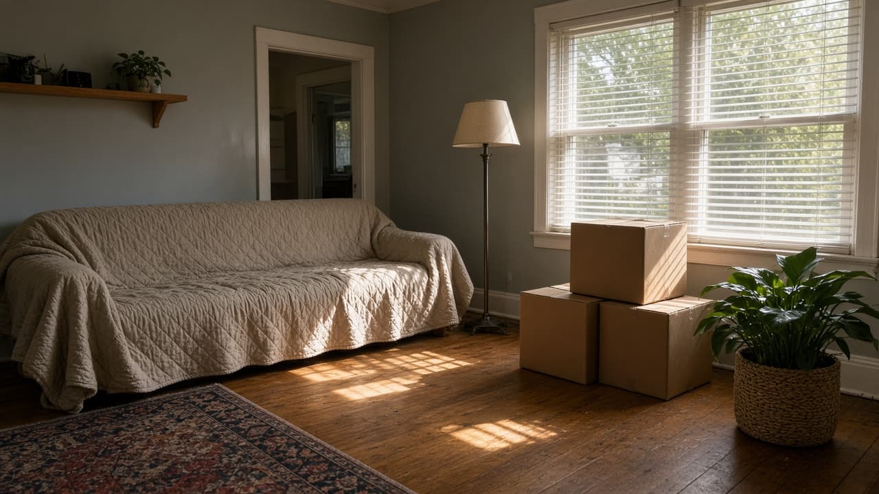 US living room on moving day with a padded sofa and stacked cartons in window light