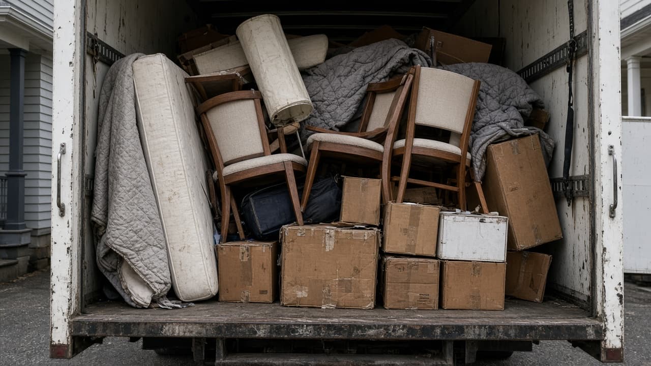 Open unbranded 26-foot US box truck packed with a mattress, chairs, pads, and mixed cartons