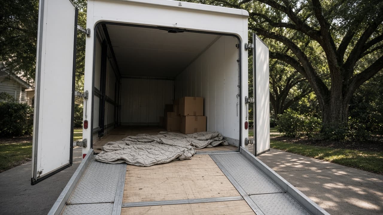 Aluminum ramp into an unbranded modern US box truck with a moving pad and cartons inside