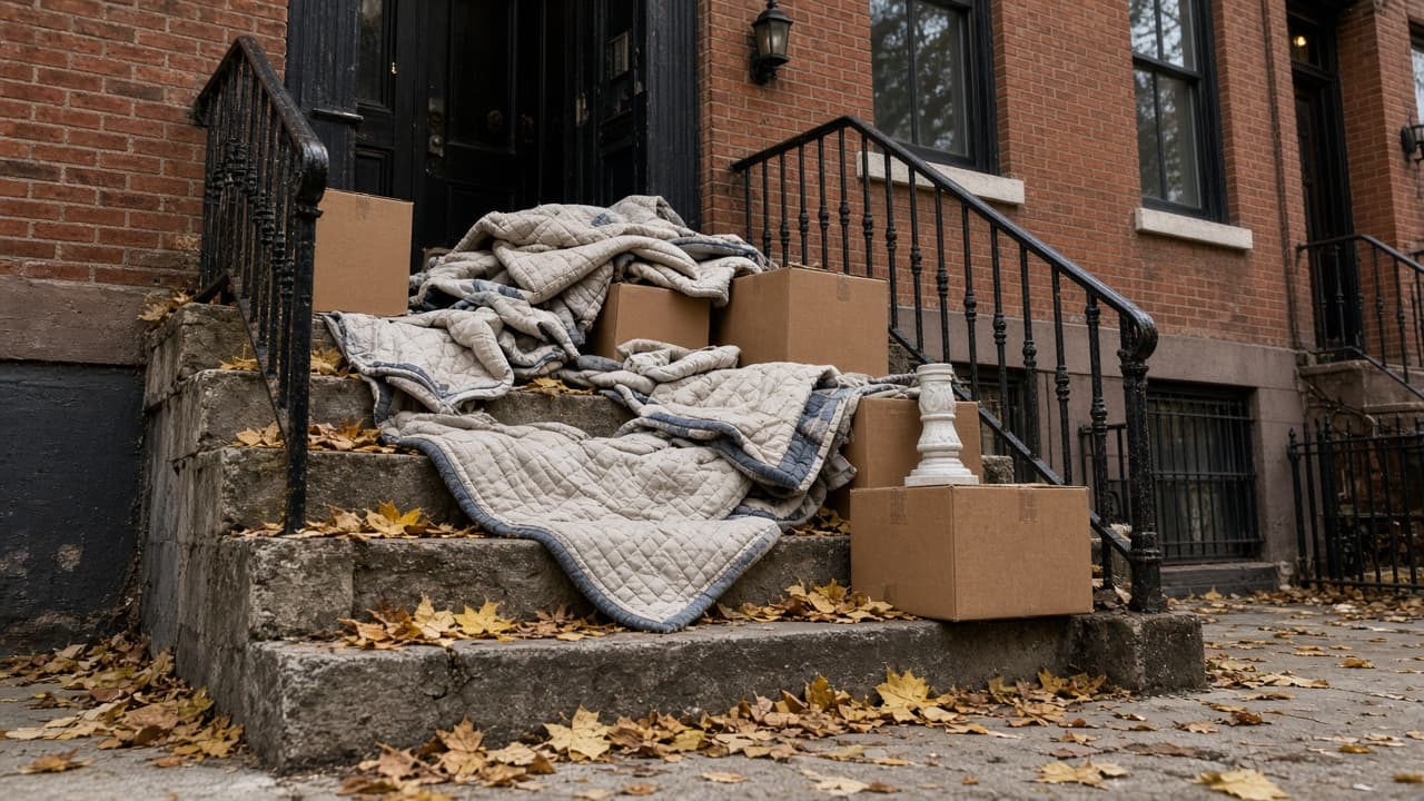 Brick stoop with crumpled moving pads, a lamp base, cartons, and autumn leaves