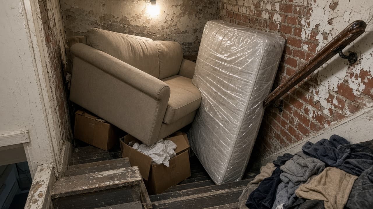 Sofa and wrapped mattress stuck on a worn US brick walk-up stair